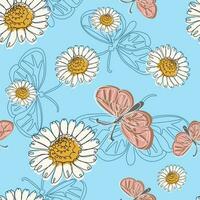 Seamless pattern of camomiles and butterflies vector