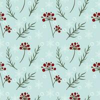 Hand drawn floral winter seamless pattern with christmas tree branches, berries and snowflakes vector