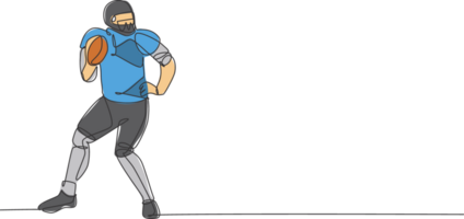 Célibataire continu ligne dessin de Jeune agile homme américain Football joueur supporter position à passer le Balle pour compétition médias. sport exercice concept. branché un ligne dessiner conception illustration png