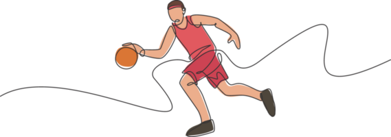 Célibataire continu ligne dessin de Jeune en bonne santé basketball joueur dribble une balle. compétitif sport concept. branché un ligne dessiner conception illustration pour basketball tournoi promotion médias png