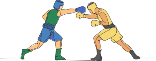 uno soltero línea dibujo de dos joven energético hombres Boxer ataque cada otro a boxeo partido ilustración. deporte combativo formación concepto. moderno continuo línea dibujar diseño para boxeo bandera png