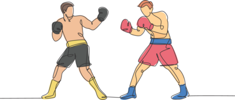 single doorlopend lijn tekening van twee jong behendig mannen bokser provoceren rivaal Bij boksen wedstrijd. eerlijk strijdlustig sport concept. modieus een lijn trek ontwerp illustratie voor boksen spel Promotie media png