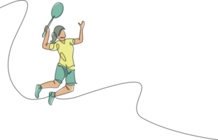 enda kontinuerlig linje teckning av ung vig badminton spelare hoppa träffa fjäderboll. sport Träning begrepp. trendig ett linje dra design illustration för badminton turnering offentliggörande media png