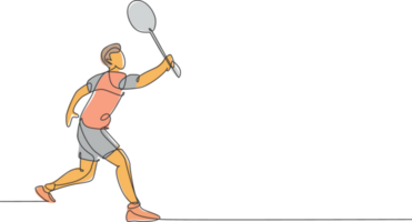 een doorlopend lijn tekening van jong badminton speler raken shuttle met racket. competitief sport concept. dynamisch single lijn trek ontwerp illustratie voor toernooi bij elkaar passen Promotie poster png