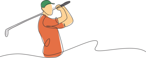 ett kontinuerlig linje teckning av ung golf spelare gunga golf klubb och träffa de boll. fritid sport begrepp. dynamisk enda linje dra design grafisk illustration för turnering befordran media png