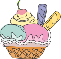 Single continuous line drawing of stylized ice cream cup with cherry topping logo label. Sweet frozen dessert concept. Modern one line draw design graphic illustration for snack cafe shop png