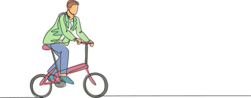 uno continuo línea dibujo de joven profesional gerente hombre ciclismo paseo doblada bicicleta a su oficina. sano trabajando urbano estilo de vida concepto. dinámica soltero línea dibujar diseño ilustración png