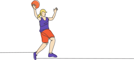 einer kontinuierlich Linie Zeichnung jung Basketball Frau Spieler Fang das Ball. wettbewerbsfähig Zusammenarbeit Sport Konzept. dynamisch Single Linie zeichnen Design Grafik Illustration zum Turnier Beförderung Medien png