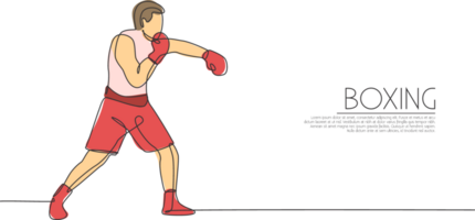 uno soltero línea dibujo de joven energético hombre Boxer mejorar su puñetazo ataque ilustración. deporte combativo formación concepto. moderno continuo línea dibujar diseño para boxeo campeonato bandera png