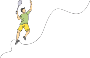 Célibataire continu ligne dessin Jeune agile badminton joueur sauter fracasser volant. compétitif sport concept. un ligne dessiner conception graphique illustration pour badminton tournoi publication png