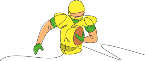 uno continuo línea dibujo de joven contento hombre americano fútbol americano jugador corriendo y sostener el pelota para competencia póster. deporte trabajo en equipo concepto. dinámica soltero línea dibujar diseño ilustración png