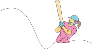 Single continuous line drawing of young agile woman cricket player ready to hit the ball at stadium illustration. Sport exercise concept. Trendy one line draw design for cricket promotion media png