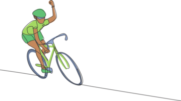 ett kontinuerlig linje teckning av ung sportig man cykel racer Vinka hand till supportrar. väg cyklist begrepp. dynamisk enda linje dra design grafisk illustration för cykling konkurrens affisch png