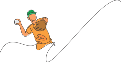 einer Single Linie Zeichnung jung energisch Mann Baseball Spieler werfen das Geschwindigkeit Ball Grafik Illustration. Sport Ausbildung Konzept. modern kontinuierlich Linie zeichnen Design zum Baseball Turnier Banner png