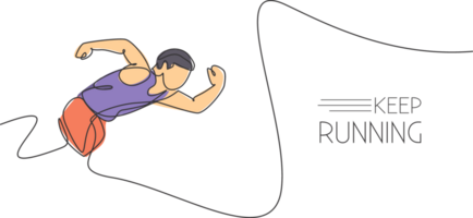 einer kontinuierlich Linie Zeichnung von jung sportlich Mann Läufer Fokus zu Sprint Lauf schnell. Gesundheit Aktivität Sport Konzept. dynamisch Single Linie zeichnen Design Illustration zum Laufen Veranstaltung Beförderung Poster png