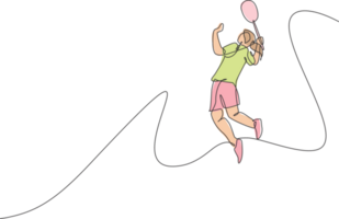 un Célibataire ligne dessin de Jeune énergique badminton joueur sauter et fracasser volant illustration. en bonne santé sport concept. moderne continu ligne dessiner conception pour badminton tournoi affiche png