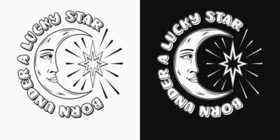 etiqueta con creciente Luna con cara en perfil, estrella, texto. mitológico cuento de hadas símbolo maravilloso, hippie estilo. para ropa, vestir, camisetas, superficie decoración, niños diseño retro estilo ilustración vector