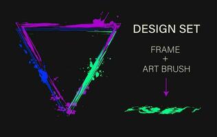Set of design elements, triangular frame, grunge art brush. Geometric shape with copy space, paint brush strokes, spattered paint of neon bright colors. Virtual abstract clip art vector