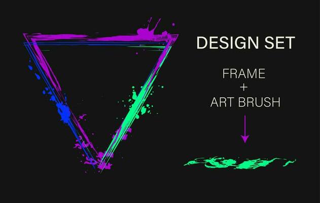 Set of design elements, triangular frame, grunge art brush. Geometric shape with copy space, paint brush strokes, spattered paint of neon bright colors. Virtual abstract clip art