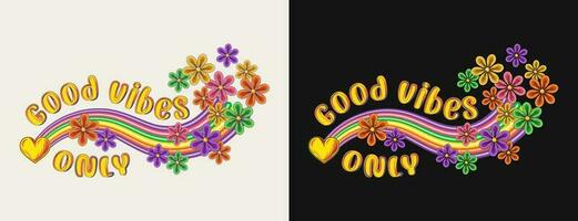 Summer label with rainbow wave, flying chamomiles, heart, text Good vibes. Groovy, hippie retro style. Concept of harmony, balance, positivity. For clothing, apparel, T-shirts, surface decoration vector