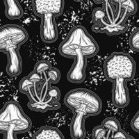 Black and white pattern with mushrooms, paint splatter. Good for apparel, fabric, textile, surface design vector