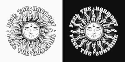Label with sun with face, closed eyes, text. Mythological faitytale symbol. Solar sign. Groovy, hippie style. For clothing, apparel, T-shirts, surface decoration. Retro style illustration vector