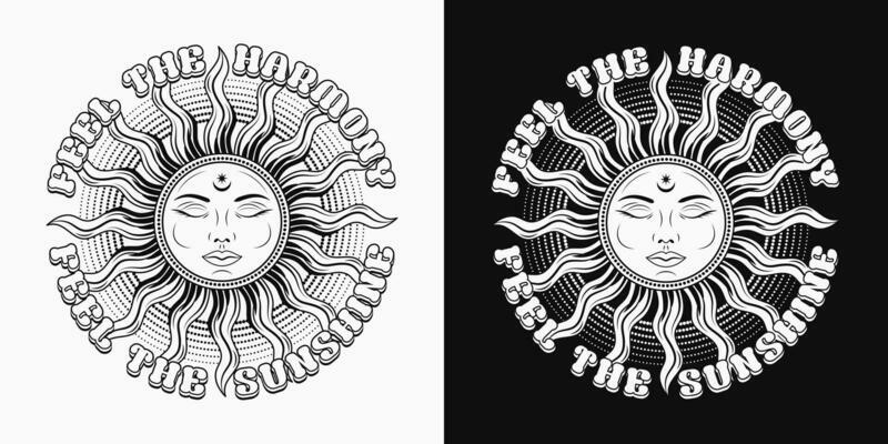 Label with sun with face, closed eyes, text. Mythological faitytale symbol. Solar sign. Groovy, hippie style. For clothing, apparel, T-shirts, surface decoration. Retro style illustration