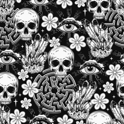 Pattern with gemstones, human skull, crystals, all seeing eye, labyrinth. Concept of sacred spirit, magic mind, extended mind. Psychedelic surreal illustration. Good for groovy, hippie, mystical style