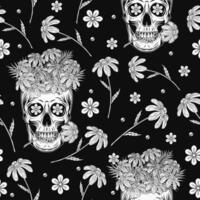 modelo con manzanilla, humano cráneo me gusta taza lleno de flores en negro antecedentes. cráneo participación flor Entre dientes. maravilloso hippie retro estilo para ropa, textil, camisetas diseño vector