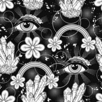 Surreal pattern with all seeing eye, gemstones, crystals, flowers, paint splatter and halftone shapes. Concept of expansion of mind. For fantasy, groovy, hippie, mystical, esoteric, surreal design vector