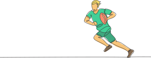 1 solteiro linha desenhando do jovem enérgico masculino rúgbi jogador corrida e segurando a bola ilustração. saudável esporte conceito. moderno contínuo linha desenhar Projeto para rúgbi torneio bandeira png