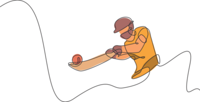 enda kontinuerlig linje teckning ung vig indisk man cricket spelare träffa de boll exakt grafisk illustration. sport övning begrepp. trendig ett linje dra design för cricket befordran media png