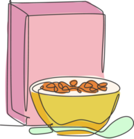 soltero continuo línea dibujo de Fresco estilizado cuenco de cereal desayuno con cereal caja a comida mesa. sano natural comida concepto. moderno uno línea dibujar diseño gráfico ilustración png