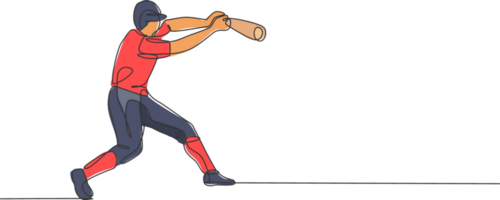 uno singolo linea disegno di giovane energico uomo baseball giocatore pratica per colpire il palla illustrazione. sport formazione concetto. moderno continuo linea disegnare design per baseball torneo bandiera png