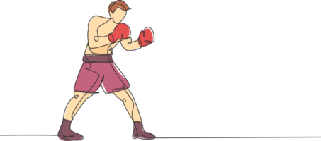 Single continuous line drawing of young agile man boxer stance confidence at sport gym. Fair combative sport concept. Trendy one line draw design illustration for boxing game promotion media png