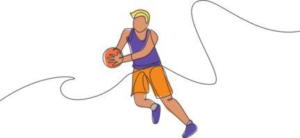1 solteiro linha desenhando do jovem enérgico basquetebol masculino jogador pega a bola ilustração. Esportes concorrência conceito. moderno contínuo linha desenhar Projeto para basquetebol torneio poster png