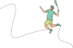 un Célibataire ligne dessin de Jeune énergique badminton joueur sauter et fracasser volant illustration. en bonne santé sport concept. moderne continu ligne dessiner conception pour badminton tournoi affiche png