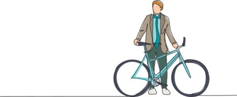 ett enda linje teckning av ung Lycklig professionell börja anställd man rida cykel till de coworking Plats illustration. friska pendlare livsstil begrepp. modern kontinuerlig linje dra design png