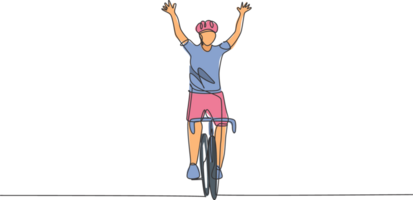 een doorlopend lijn tekening van jong sportief Mens fiets renner kruis af hebben lijn en verhogen omhoog zijn handen. weg fietser concept. single lijn trek ontwerp illustratie voor wielersport wedstrijd poster png