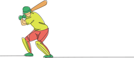 One single line drawing of young energetic man cricket player stance standing to practice hit ball illustration. Sport concept. Modern continuous line draw design for cricket competition banner png