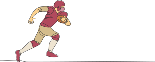 einer Single Linie Zeichnung von jung energisch amerikanisch Fußball Spieler Laufen während halt das Ball zum Liga Förderung. Sport Wettbewerb Konzept. modern kontinuierlich Linie zeichnen Design Illustration png