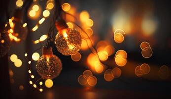 romántico bokeh efecto imagen de un cuerda de hada luces, con el borroso antecedentes creando un suave y íntimo atmósfera ai generado foto