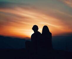 joven Pareja sentado en el parte superior de montaña durante puesta de sol. hermosa naturaleza ai generado foto