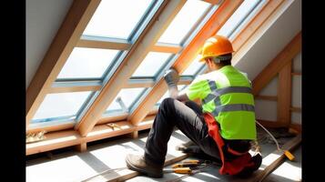 Contractor fitting a loft window. photo