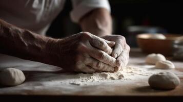 Baker's hands kneading dough into balls. photo