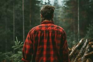 Lumberjack man shirt forest. Generate Ai photo