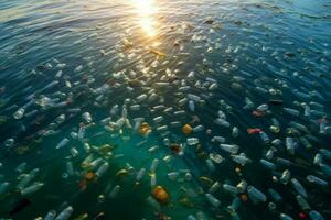 Plastic water bottles ocean sun light. Generate Ai photo
