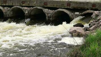 een beton pijp dat draagt stinkend, vervuild riolering in de rivier- door pijpen. verontreiniging van de milieu en water lichamen. ecologisch catastrofe. gevaarlijk verspilling water. video