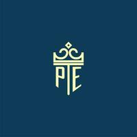 PE initial monogram shield logo design for crown vector image