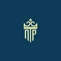NP initial monogram shield logo design for crown vector image